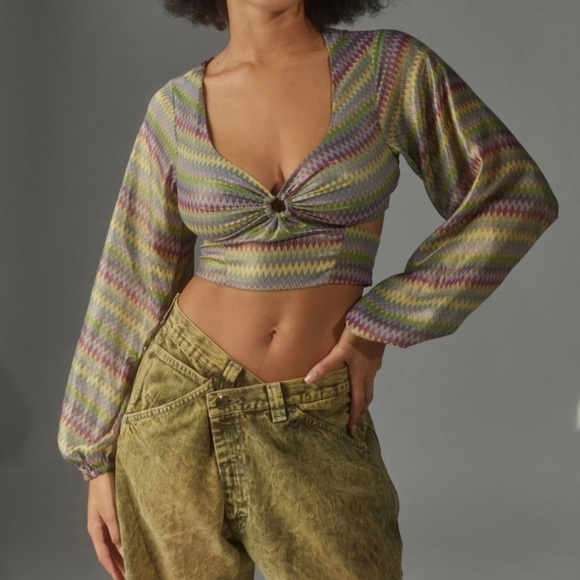 Nwot Urban Outfitters Kary Keyhole Tie-Back Long-sleeve Top in Purple Multi XS - Picture 5 of 10